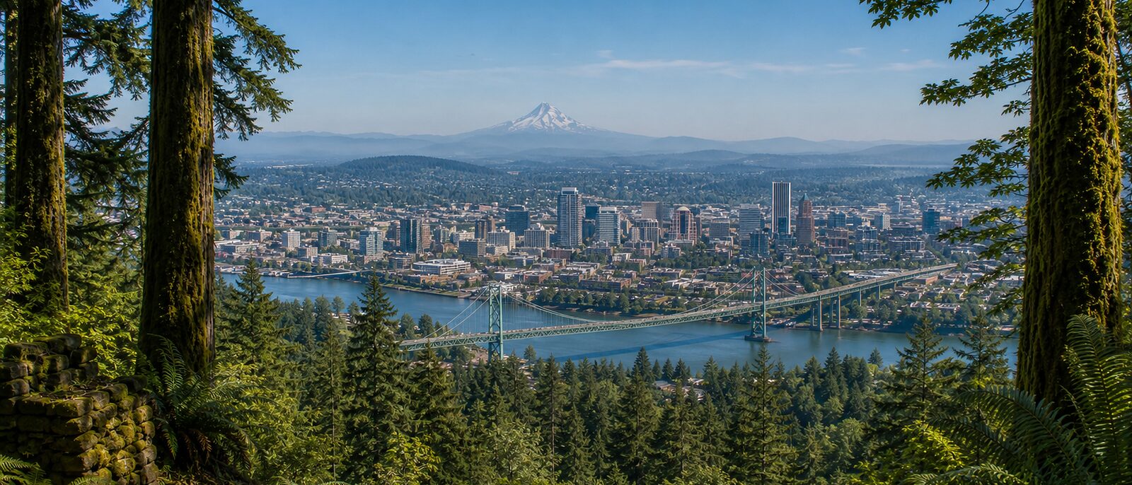 Downtown Portland and Mount Hood seen through Douglas firs from the West Hills.