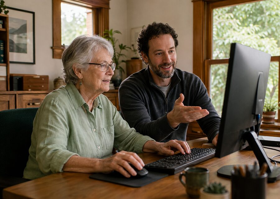 A client at her own desktop, hand on the mouse, being talked through something by someone sitting alongside her.